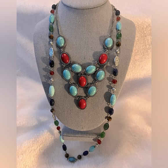 Firm Boho Multi Faux Turquoise and Coral Statement Bib Necklace - Picture 4 of 4